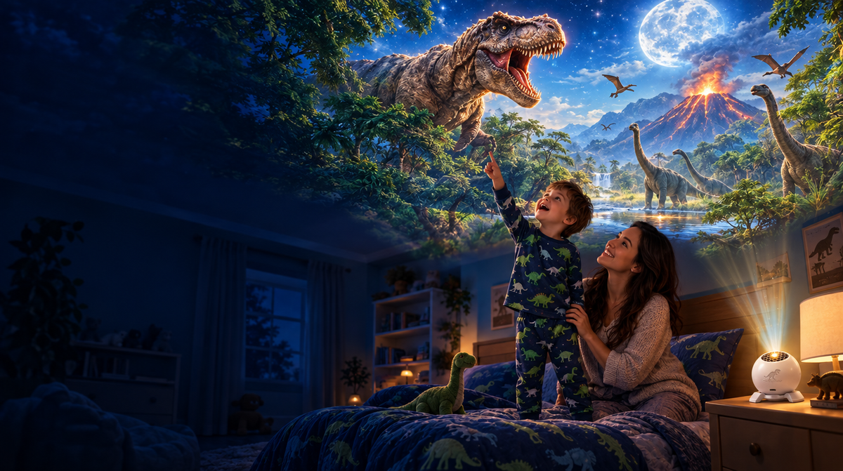 Kid amazed by dinosaurs on the bedroom ceiling