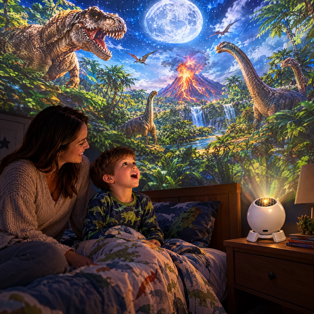 Kid amazed by dinosaurs on the ceiling